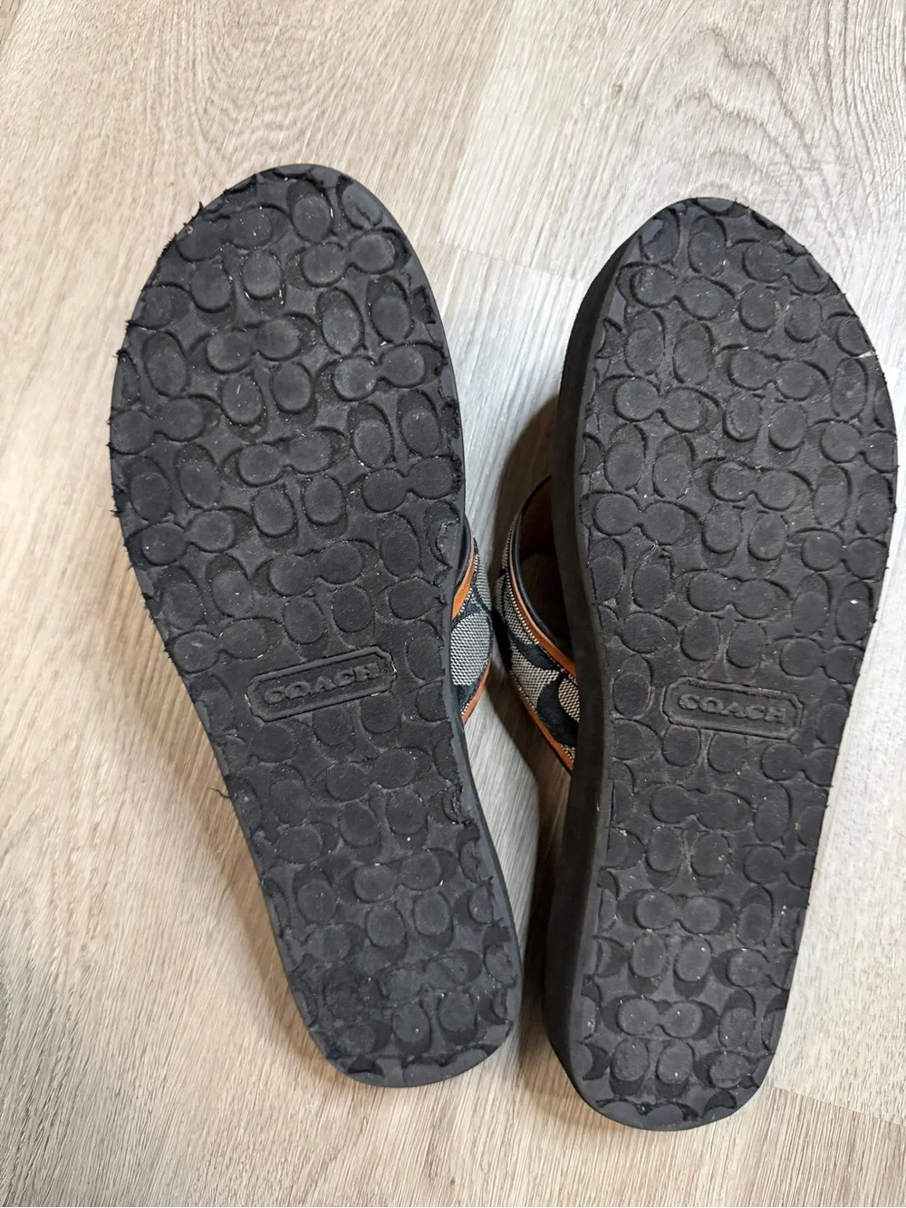 Coach Black Footbed Brown Leather-Trim Logo Strap Flip Flops